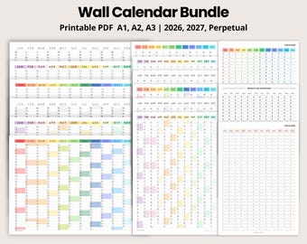 Calendario de pared imprimible A1, A2, A3 / 2026, 2027 y perpetuo