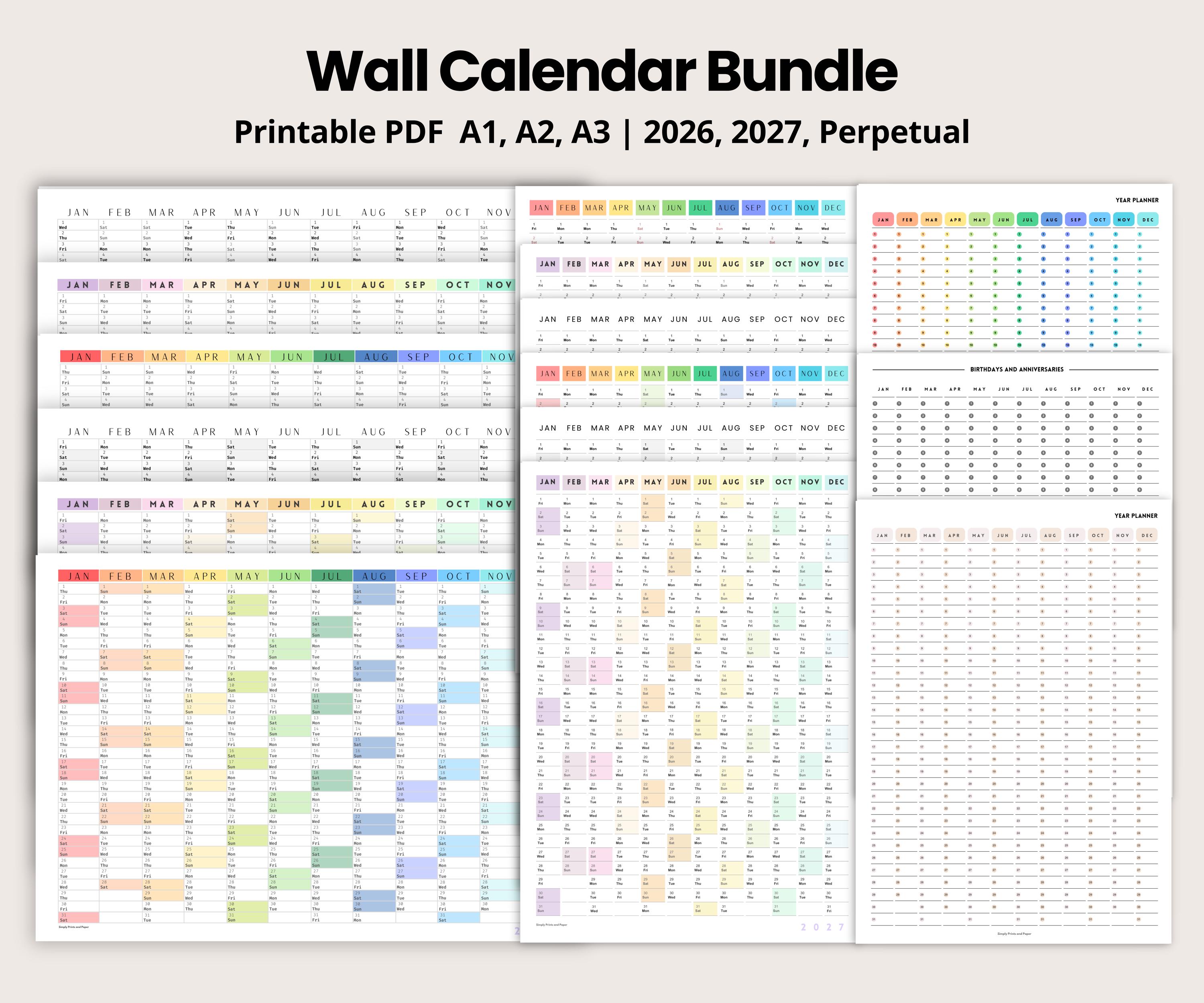 Wall Calendar Bundle Printable A1 A2 A3 | 2026, 2027 & Perpetual