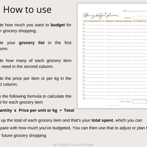 May include: A printable grocery budget planner with a beige background and black text. The planner includes sections for groceries, quantity, price per unit, and total. The text "Grocery Budget Planner" is written in cursive at the top of the page.