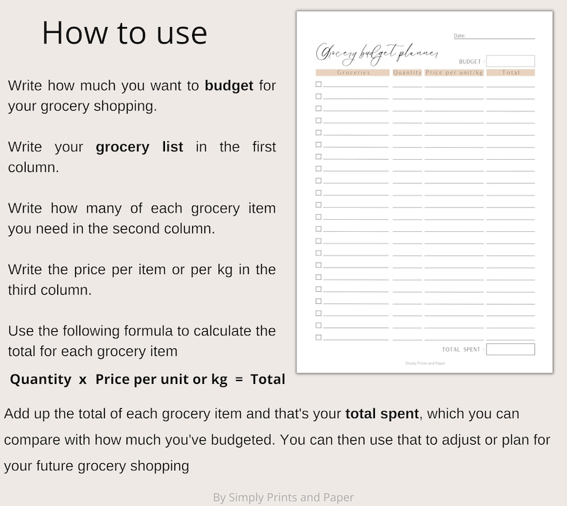 May include: A printable grocery budget planner with a beige background and black text. The planner includes sections for groceries, quantity, price per unit, and total. The text "Grocery Budget Planner" is written in cursive at the top of the page.