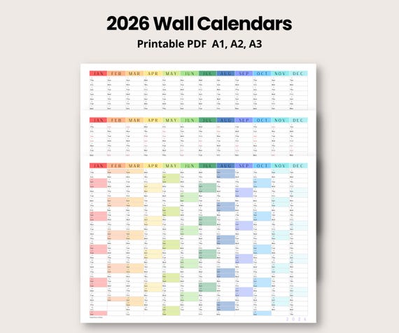 2026 Wall Calendar Bundle Printable A1 A2 A3 | Colorful Year at a