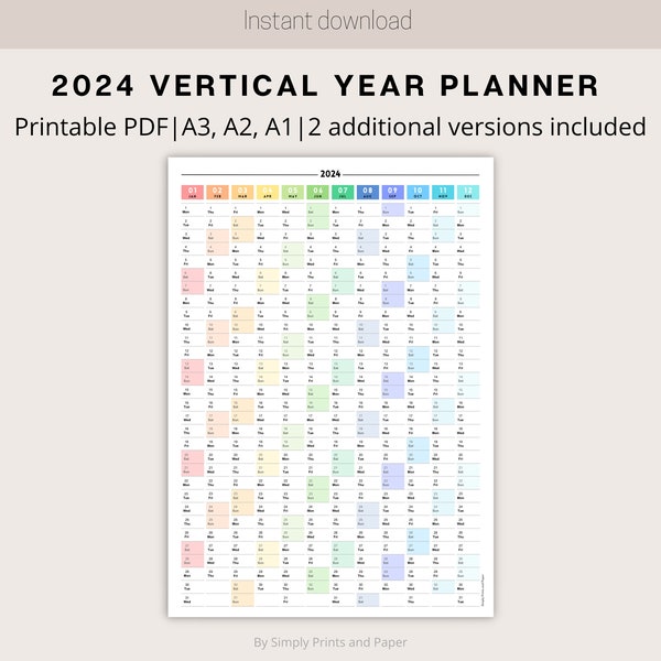 2024 Colorful Rainbow Wall Calendar | Printable Yearly Planner | Modern Large Wall Calendar Poster | A3, A2, A1 | Annual Planner | Vertical