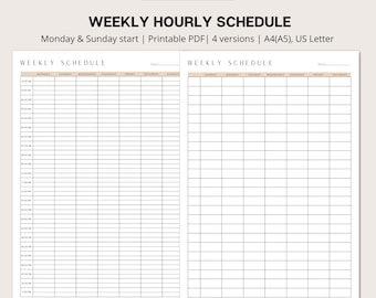 Weekly Hourly Schedule: Printable To-Do List, A4 & US Letter (Digital Download)