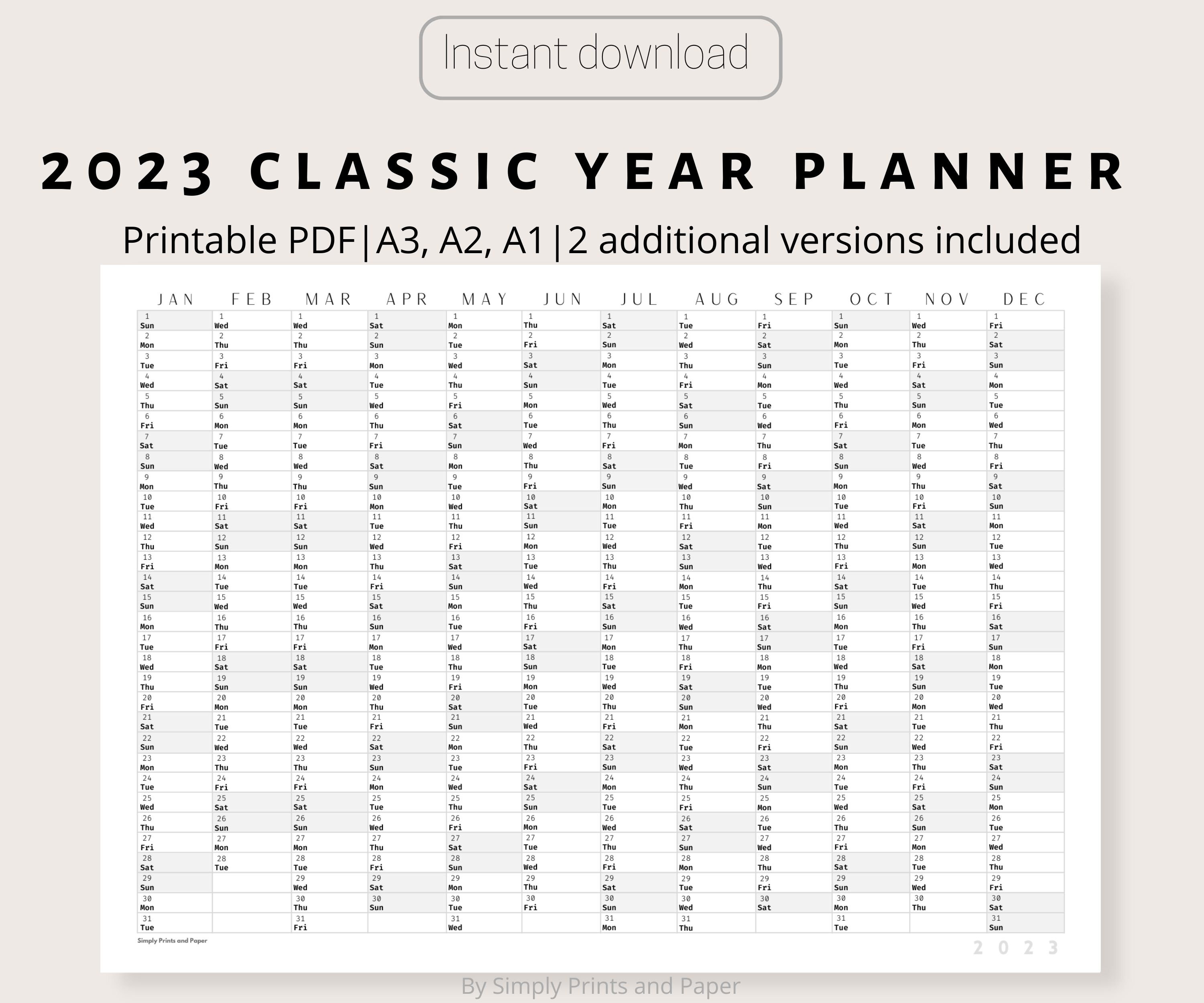 2023 Classic Wall Calendar Printable Yearly Planner Black & White Large