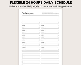 24 Hour Planner | Editable Hourly Schedule | Daily Schedule Planner | Hourly Schedule Template | PDF US | Letter size|A4|A5|Happy Planner