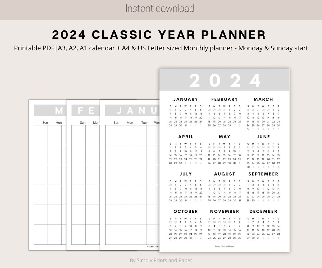 2024 Classic Wall Calendar Printable Yearly Planner Grey Large Wall