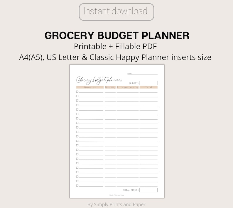 May include: A printable grocery budget planner in black and white with a light brown header. The planner has a section for groceries, quantity, price per unit, and total. It also has a section for total spent. The text "Grocery budget planner" is written in cursive.