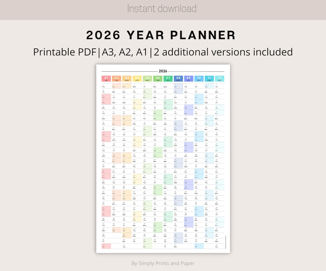 2026 Colorful Rainbow Wall Calendar | Printable Yearly Planner | Modern ...