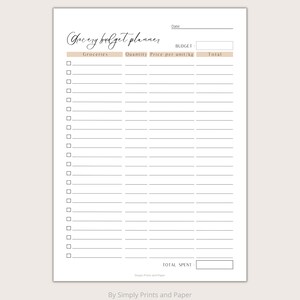 May include: A printable grocery budget planner with a black and white design. The planner includes sections for groceries, quantity, price per unit, and total. The planner also includes a section for total spent.