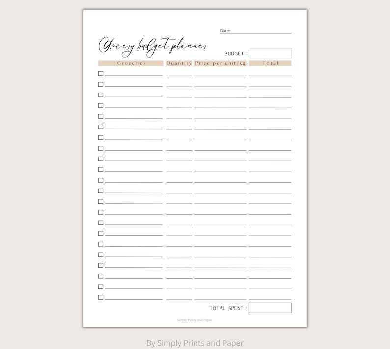 May include: A printable grocery budget planner with a black and white design. The planner includes sections for groceries, quantity, price per unit, and total. The planner also includes a section for total spent.