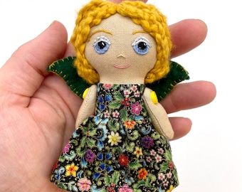 Handmade Pocket Fairy Doll | Embroidered Wings, Floral Dress