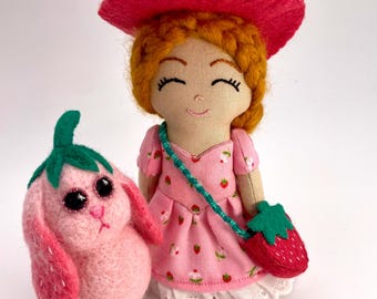 Handmade Strawberry Witch Doll | Bunny Familiar | Broomstick |  Strawberry Purse | Tiny Book | Love Potion | Whimsical Art Doll