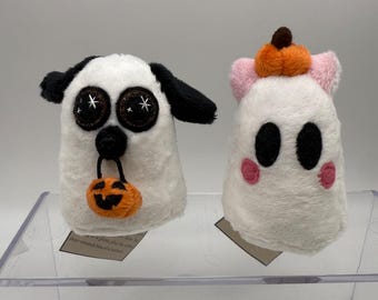 Cat and Dog Ghost Plushie with Pumpkin | Weighted Bottom | Soft Minky Fabric |  Plushie Ghosts | Halloween Decor | Black Dog | White Cat