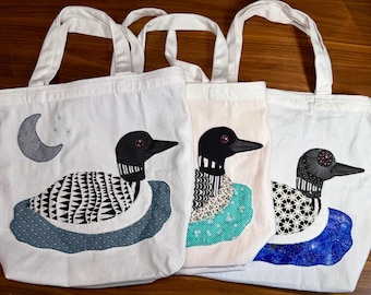 Embelished Premade Tote Bag with Handmade Appliqués | Loon on a Lake under a Moon | Minnesota Bag