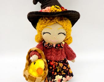Handmade Autumn Witch Doll | Duck Familiar | |  Handmade Doll | Tiny Duck Pet | Whimsical Art Doll | Cottage Core Witch