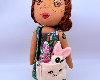 Handmade Heirloom Art Doll | Woodland Bunny Dress | Hand Embroidered Face | Mini Plush Bunny in Rabbit Bag | Brown Hair, Hazel Eyes  Glasses