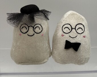 Fancy Velvet Ghost Art Doll | Ghost with Glasses and a Bow tie or Pillbox Hat |  Weighted Bottom  | Whimsical Halloween Decorations