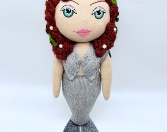 Selkie Heirloom Art Doll | Hand Embroidered Face | Green Eyes and Red Hair | Genuine Pearls in Hair | Seal Hood | Seal Mermaid