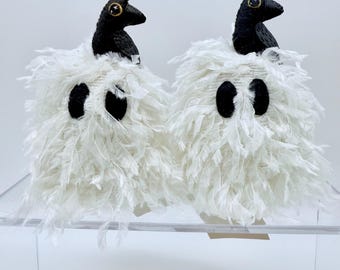 Whimsical Ghost Plushie with Raven | Weighted Bottom | Feathery Fabric | Halloween Decor