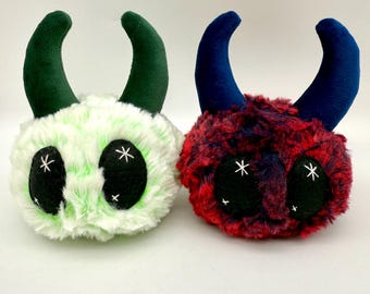 Monster Ball Stuffie | Green or Red and Blue Faux Fur Plushie | Handmade Plushie | Velvet Horns | Unique Creatures