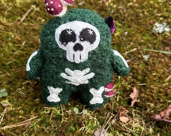 Skeleton Doll with Mushroons | Mossy Green Sherpa Fabric | Cute Skeleton Plush  | Handmade Halloween | Mossy Skeleton with Purple Beetle|
