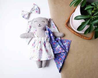 Bunny Rag Doll with Dress, Blanket & Matching Bow | Handmade Rabbit Stuffed Animal Gift for Girls, Kids | Made to Order 24cm (9 inch)