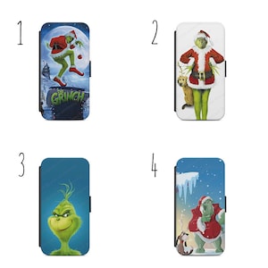 Funda para teléfono con billetera I15 de la película navideña El Grinch, para iPhone, todos los modelos y Samsung, con tu nombre e iniciales