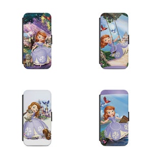 May include: Four different phone cases featuring a young princess in a purple dress. The princess is shown in different poses, including swinging on a swing, holding a small animal, and standing in front of a castle. The cases are all made of a durable material and have a high-quality print.