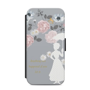 Op de afbeelding: Een grijze telefoonhoes met een bloemenpatroon en een silhouet van een vrouw die een paraplu vasthoudt. De tekst "Anything can happen if you let it" is in goud op de hoes gedrukt.