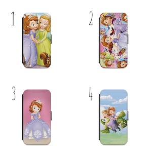 May include: Four different phone cases featuring images of Princess Sofia the First. The first case shows Sofia and her cousin Amber standing together. The second case shows Sofia with her friends and family. The third case shows Sofia in her purple dress. The fourth case shows Sofia riding a dragon with her friend.