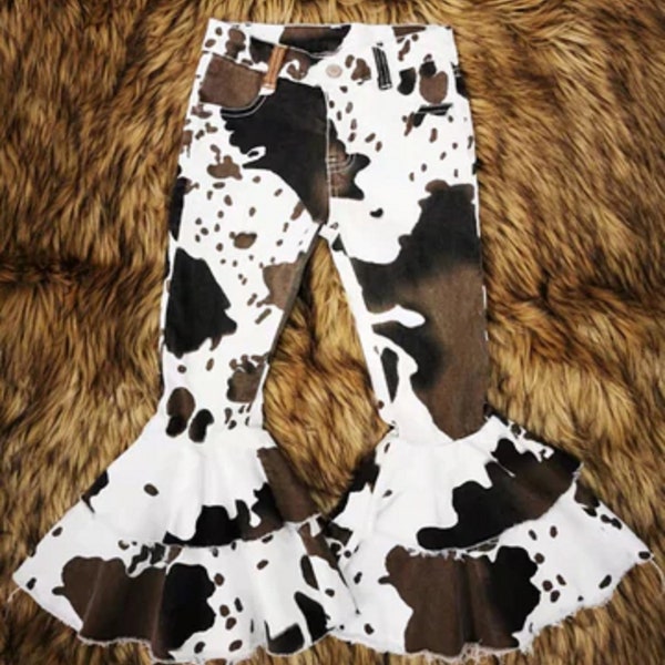 Cow Print Ruffle Bell Bottom Jeans