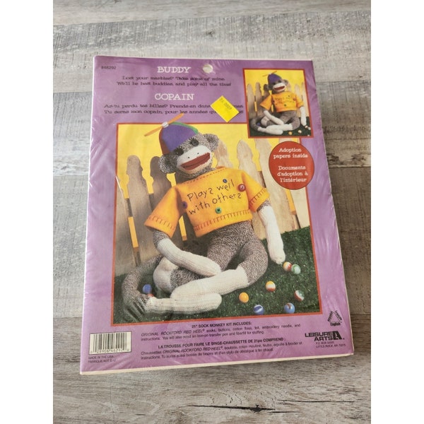 Vintage Leisure Arts 21" Sock Monkey Craft Kit #46292 Rockford Red Heel