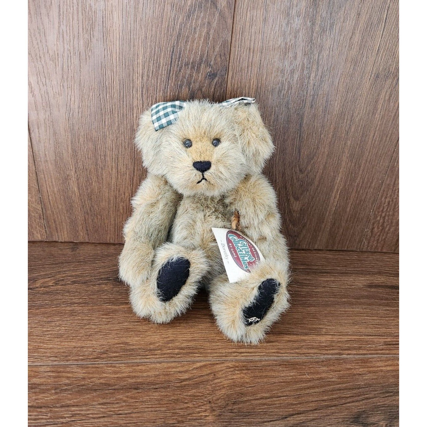 Vintage Cottage Collectibles by Ganz Plush Bear "Dorothy" 1997 Green Gingham Bow