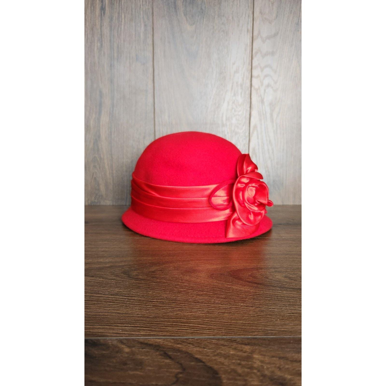 Angela & William Red Church Wedding Hat w Front Bow Feather Vintage Church Hat Women main image 3