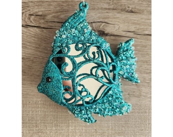 Vintage Mirror Angelfish Christmas Ornament Coastal Chic Turquoise Aqua Glitter