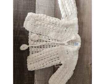 Vintage Acrylic Crocheted Baby Cardigan White Knit