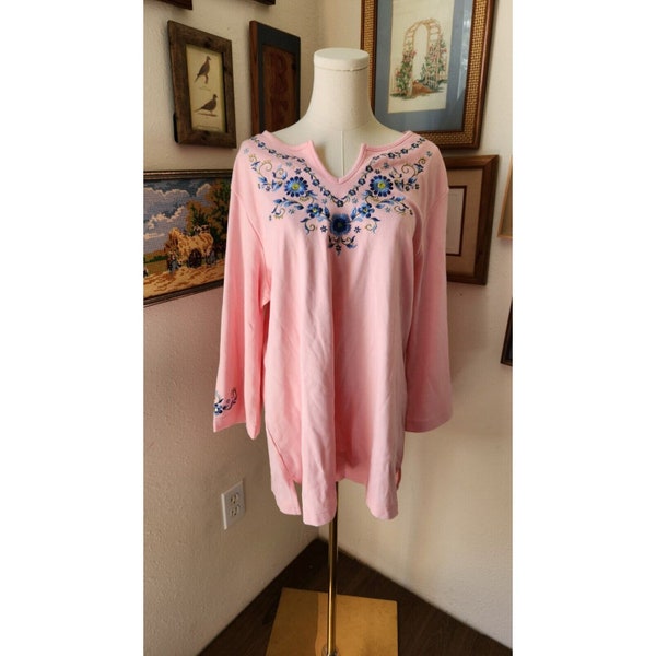 Quacker Factory Shirt Top Size XL Pink Design Embellished Long Sleeve Blouse