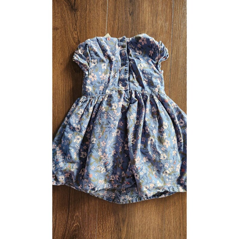 Puede incluir: Un vestido azul floral con mangas cortas y cierre de botones en la parte delantera. El vestido tiene una falda completa y est&aacute; hecho de una tela suave y c&oacute;moda.