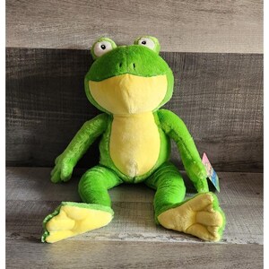May include: A plush frog toy in shades of green and yellow. The frog has large, round eyes, a wide mouth, and outstretched arms and legs. The frog's body is green, with a yellow belly and feet.