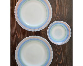 Vintage MacBeth Evans Petalware Pastel Bands 6&quot; and 9&quot; Plate Set (3) -White Back