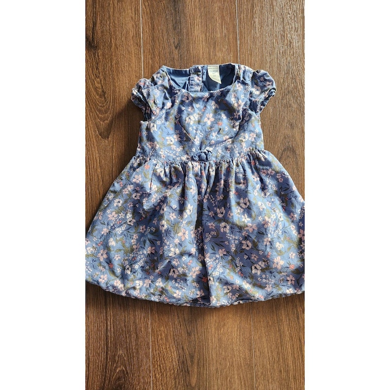 Puede incluir: Un vestido azul floral con mangas cortas y falda fruncida. El vestido tiene un peque&ntilde;o bot&oacute;n en la cintura.