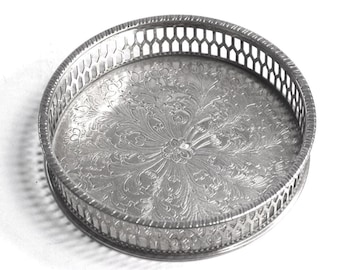 Vintage Viners of Sheffield Alpha Plate Wine Coaster/Chased Floral Gallery/Silver Plated Bottle Stand/England/Mid Century