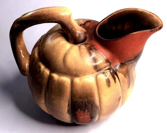 Vintage Italian Majolica Pumpkin Pitcher/C.B.L.E 1216/Mid Century Ceramic Jug/Hand Painted Drip Glaze Harvest Tableware/Made in Italy/1960s