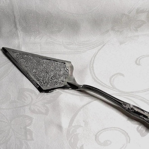 Vintage Silver Plated Cake Server/Ornate Floral Etched Blade/Shell Handle/ Wedding Cake Slice/Made in Hong Kong/Mid Century Server