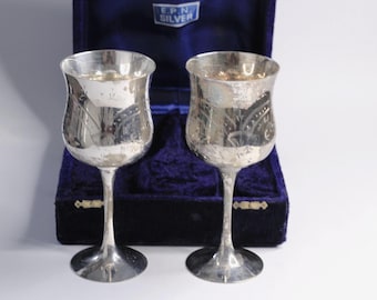 1 Pair of Vintage Silver Plated Wine Goblets/Stemmed/Engraved/Collectible/Velvet Presentation Box/Heavy 8 Ounce Silver Chalice/English Made