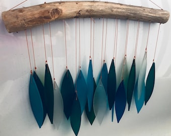 Handmade Recycled Glass Wind Chime: Blue Tones, Driftwood Hanger