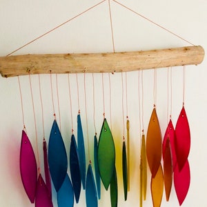 Bamboo Habitat hand made recycled glass wind chimes with drift wood style hanger in Rainbow tones.