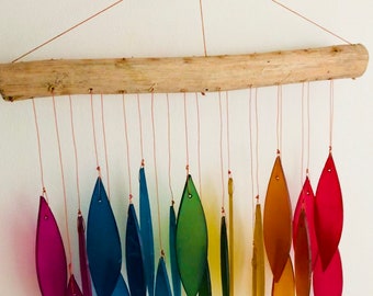 Rainbow Recycled Glass Wind Chime, Driftwood Hanger