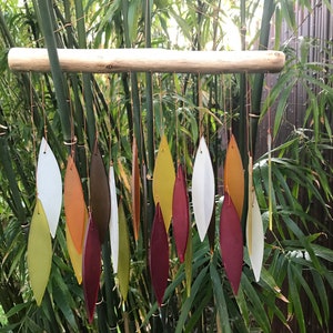 Bamboo Habitat hand made recycled glass wind chimes with drift wood style hanger in Sunset tones. image 2