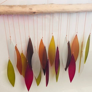 Bamboo Habitat hand made recycled glass wind chimes with drift wood style hanger in Sunset tones. image 1